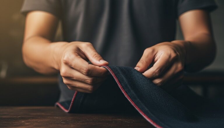 Tangan memeriksa garisan selvedge merah pada denim