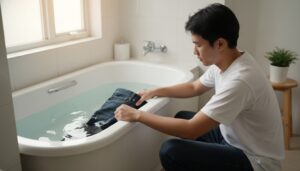 Lelaki sedang hand wash jeans selvedge denim