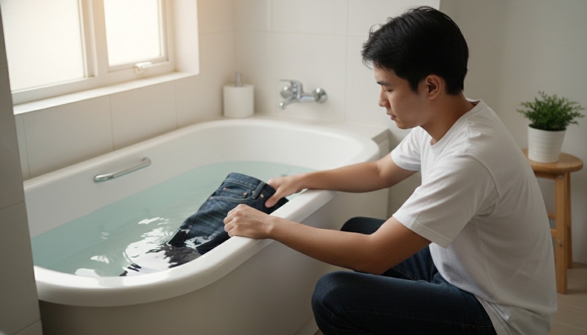 Lelaki sedang hand wash jeans selvedge denim