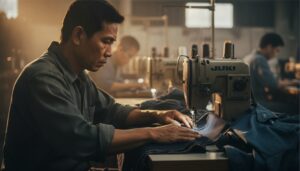 Craftsman mengoperasikan mesin jahit JUKI industrial