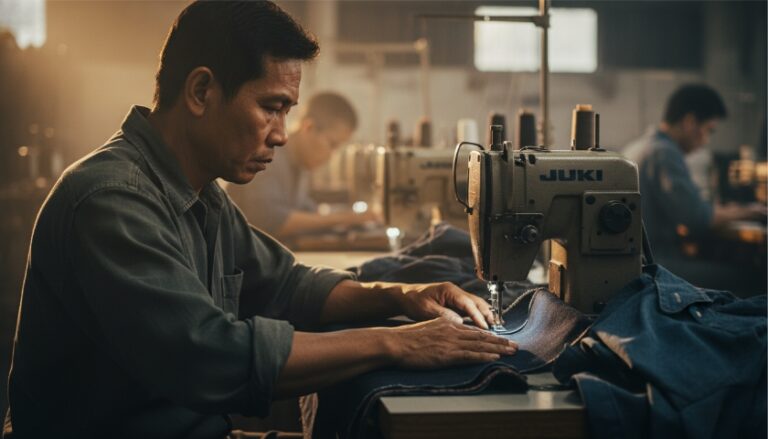 Craftsman mengoperasikan mesin jahit JUKI industrial