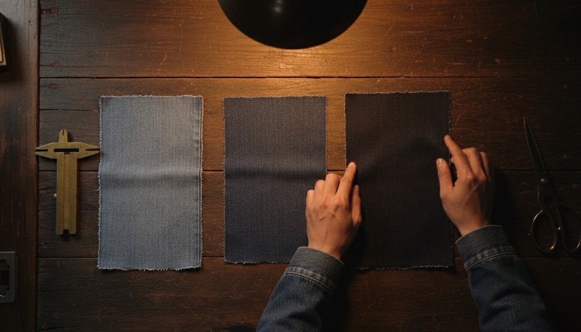 Tangan craftsman membandingkan tiga ketebalan denim berbeza