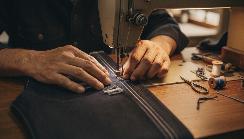 Craftsman memperbaiki koyakan pada jeans selvedge